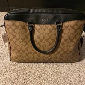 Coach Signature Slim Briefcase in tan and black